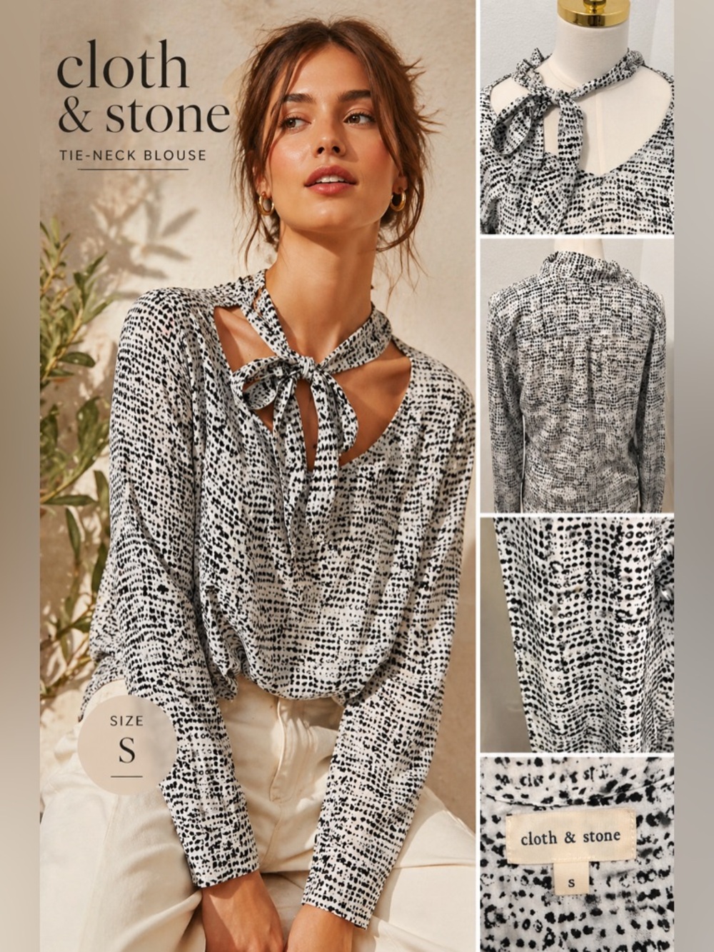 cloth & stone Black and White Speckled Tie-Neck Blouse feminine chic